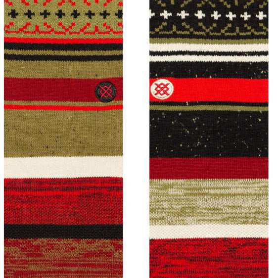 Stance Merry Merry Crew Sock 2024 - Red snowflakes on a green background with white trim and black dots.