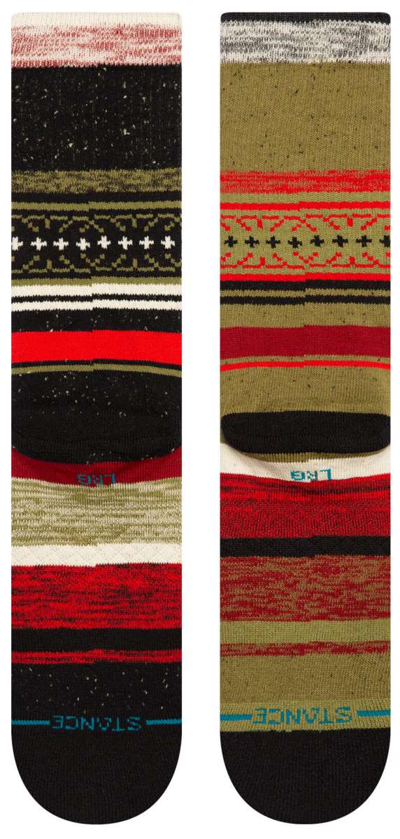 Stance Merry Merry Crew Sock 2024 - Red, green, and white snowflake pattern on a tan background with black speckles.