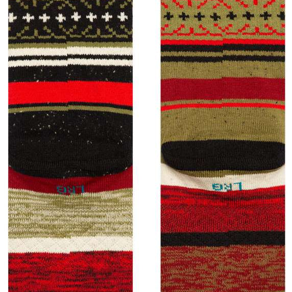 Stance Merry Merry Crew Sock 2024 - Red, green, and white snowflake pattern on a tan background with black speckles.
