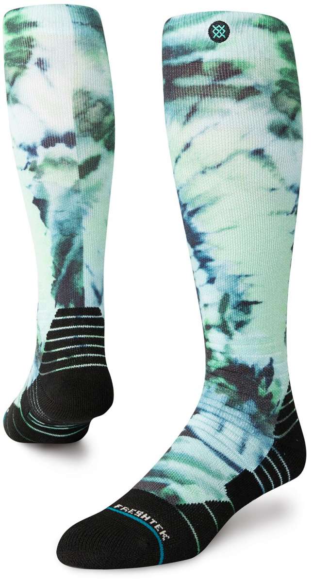 Stance Micro Dye Snow Crew Sock 2024 - A pair of snowboard crew socks with a tie-dye pattern in shades of blue and green.