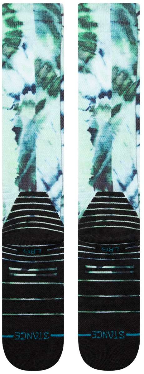 Stance Micro Dye Snow Crew Sock 2024 - A pair of crew-length snow socks with a green and blue tie-dye pattern on a white background.