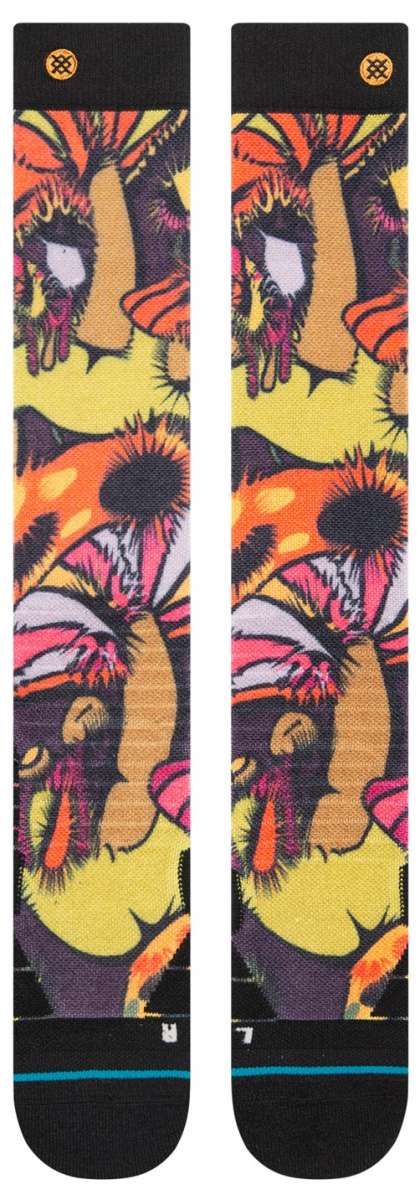Stance Mushies Snow Sock 2023 - A pair of snow socks with a colorful mushroom design on a yellow background.