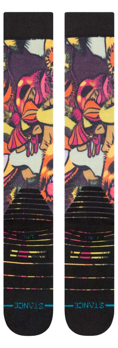 Stance Mushies Snow Sock 2023 - A pair of snow socks with a colorful, abstract mushroom design in shades of pink, orange, and yellow on a black background.