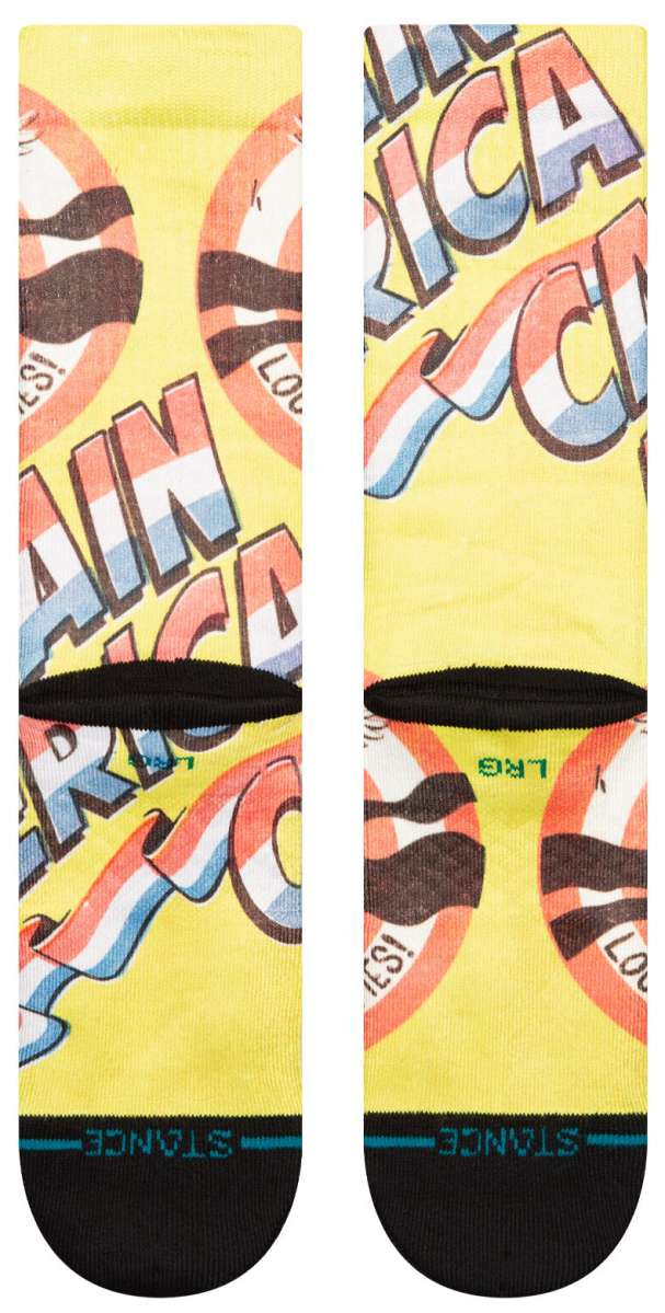 Stance No Cavities Crew Sock 2024 - A pair of crew socks with a repeating pattern of white teeth and red gums on a light blue background.