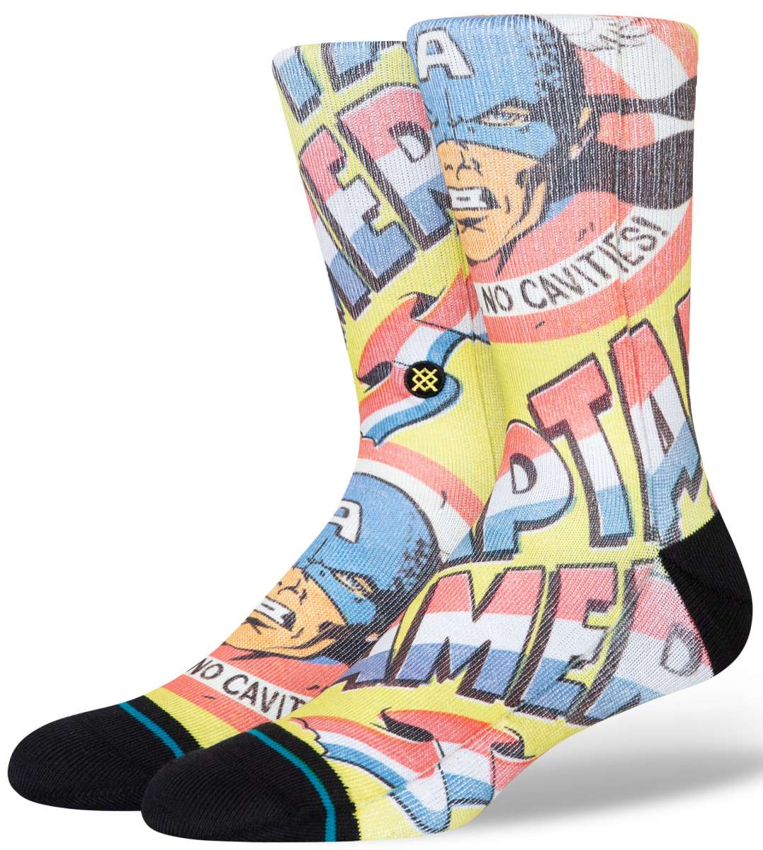 Stance No Cavities Crew Sock 2024 - A pair of crew socks with a blue and red design featuring Captain America's face, and the words "No Cavities" written in white letters on a pink background.