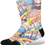Stance No Cavities Crew Sock 2024 - A pair of crew socks with a blue and red design featuring Captain America's face, and the words "No Cavities" written in white letters on a pink background.