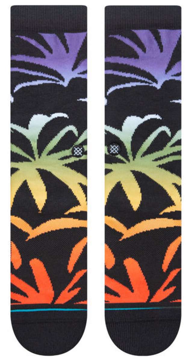 Stance Palmer Crew Sock 2023 - Black crew socks with a palm tree design in shades of green, yellow and orange.