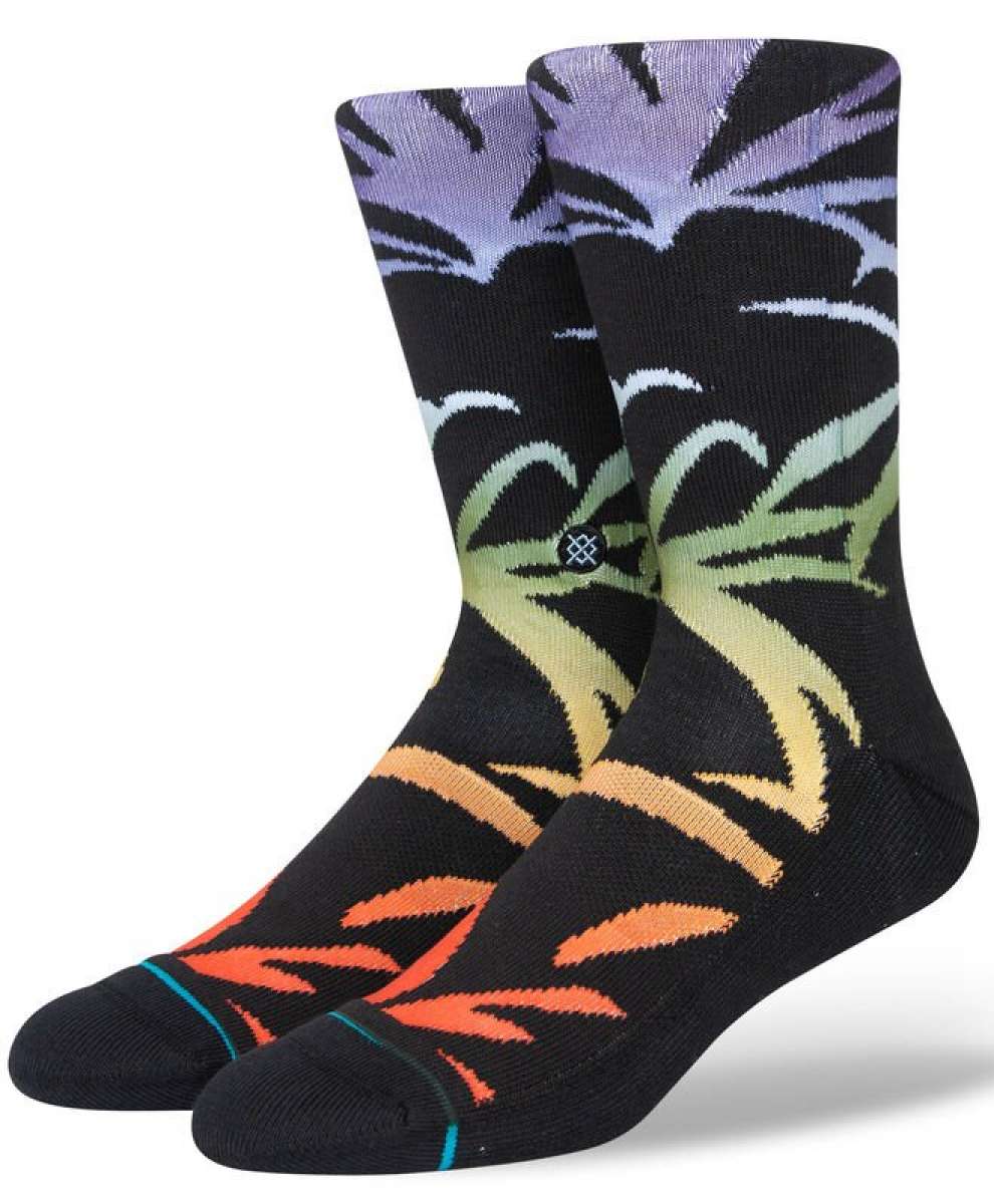 Stance Palmer Crew Sock 2023 - Black crew socks with a palm tree design in shades of green and orange.