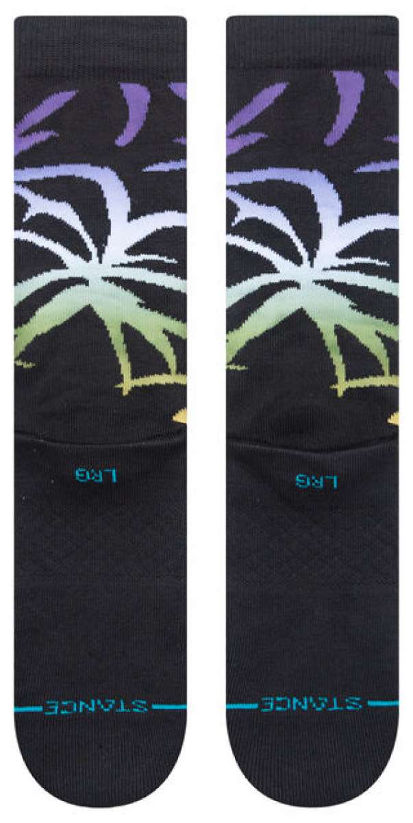 Stance Palmer Crew Sock 2023 - Black crew socks with a palm tree design in shades of green and purple.