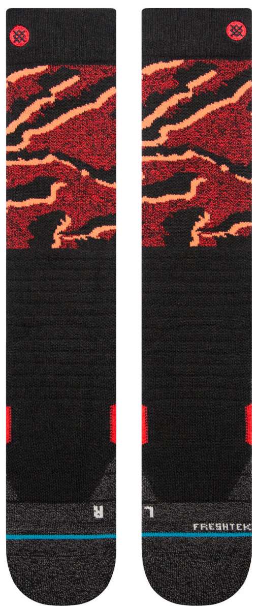 Stance Pelter Snow Sock 2024 - Black snow socks with a red and orange abstract pattern on top.