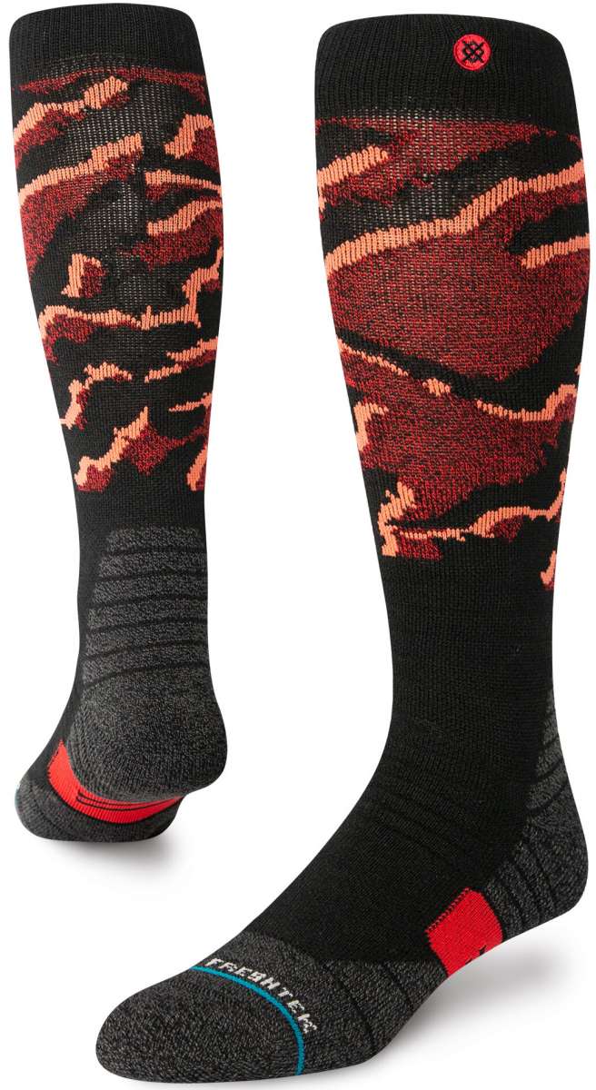 Stance Pelter Snow Sock 2024 - Black snow socks with a red and white pattern on top.