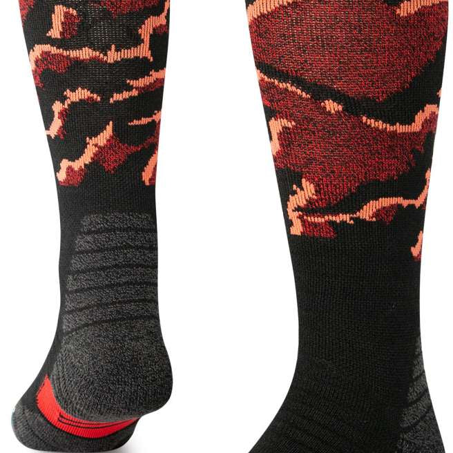 Stance Pelter Snow Sock 2024 - Black snow socks with a red and white pattern on top.