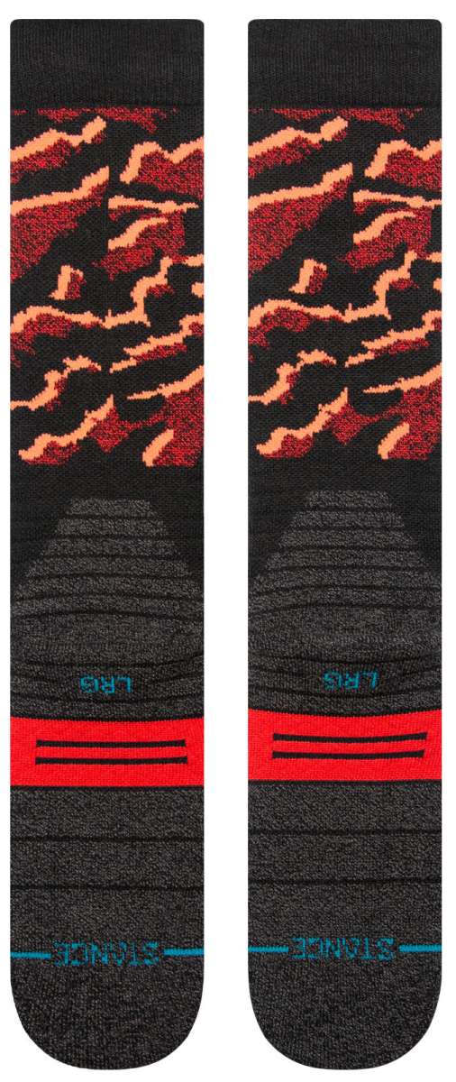 Stance Pelter Snow Sock 2024 - Black snow socks with a repeating pattern of red and white snowflakes.
