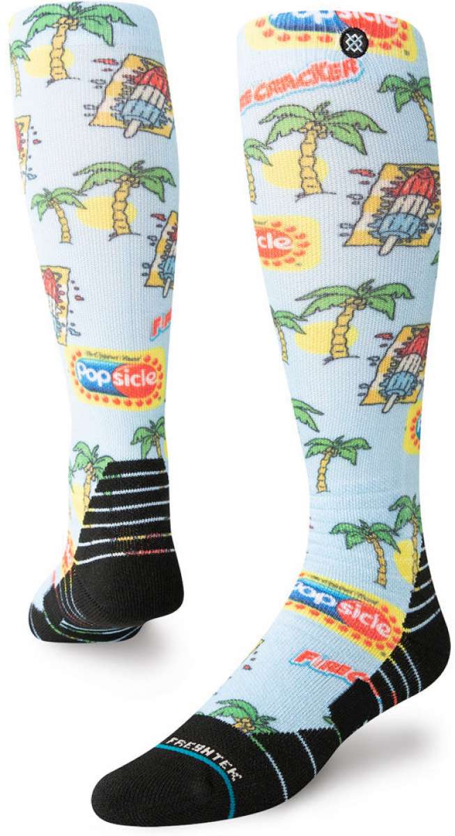 Stance Pops Snow SB Sock 2024 - A pair of knee-high snowboard socks with a repeating pattern of popsicles and palm trees in shades of red, blue, yellow, green, and white.