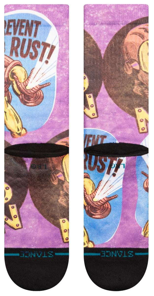 Stance Prevent Rust Crew Sock 2024 - A crew sock with a blue background and an illustration of a rusty metal object being sprayed by a yellow canister labeled "Prevent Rust".