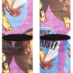 Stance Prevent Rust Crew Sock 2024 - A crew sock with a blue background and an illustration of a rusty metal object being sprayed by a yellow canister labeled "Prevent Rust".