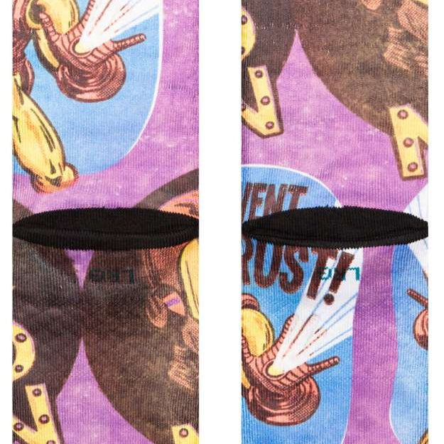 Stance Prevent Rust Crew Sock 2024 - A crew sock with a blue background and an illustration of a rusty metal object being sprayed by a yellow canister labeled "Prevent Rust".