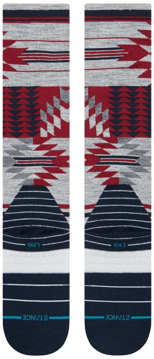 Stance Reaux Snowboard Socks 2023 - A pair of snowboard socks with a red, white and black geometric pattern on a gray background.