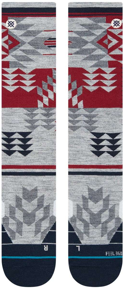 Stance Reaux Snowboard Socks 2023 - White snowboard socks with a geometric pattern of red and grey triangles on top, and solid white bottoms.