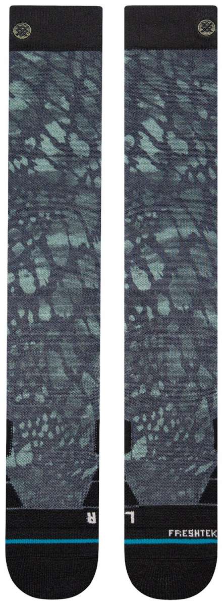 Stance Reptillious Snow Sock 2024 - A pair of gray snow socks with a reptilian pattern and black toes.