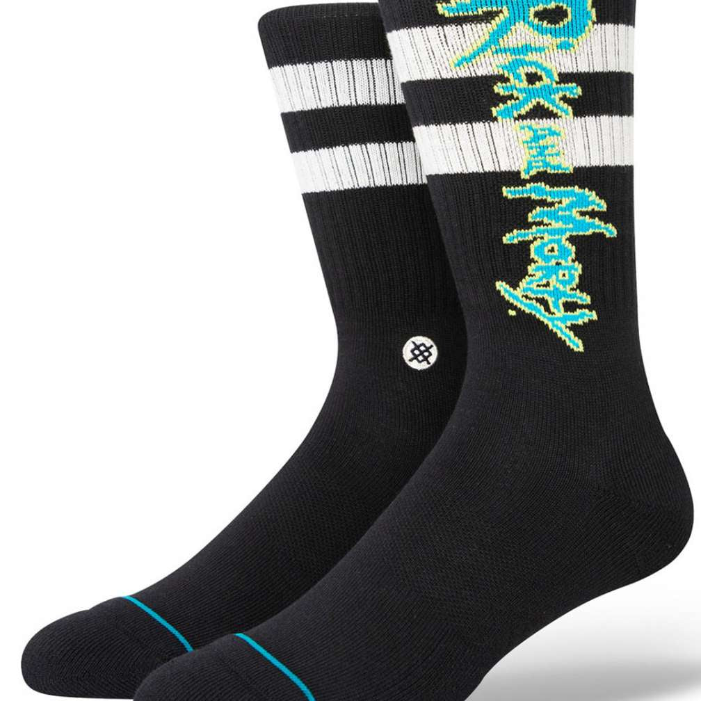 Stance - Rick and Morty Crew Sock 2023 is shown in a black color with blue and yellow writing on the top of the sock.