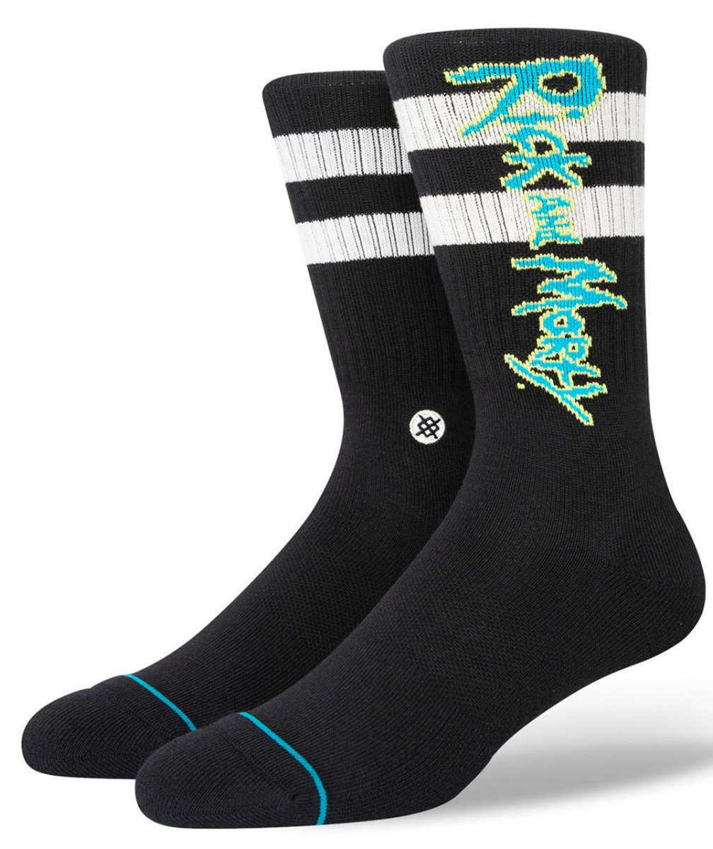 Stance - Rick and Morty Crew Sock 2023 is shown in a black color with blue and yellow writing on the top of the sock.