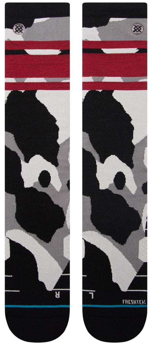 Stance Sergeant Snow Crew Sock 2024 - A pair of crew socks with a red and gray camouflage pattern featuring white accents.