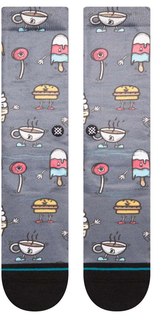 Stance Seyclops Crew Sock 2024 - A pair of gray crew socks with a repeating pattern of cartoon-style skiers and snowboarders in various poses, wearing red, white, blue, black, and yellow.