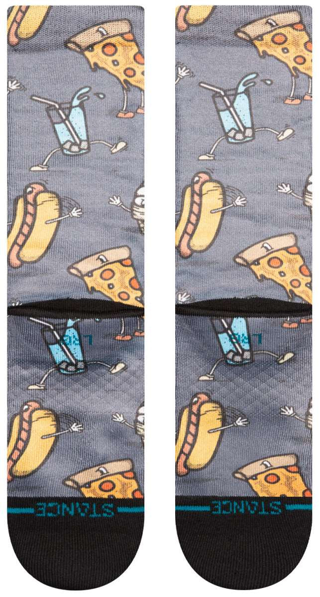 Stance Seyclops Crew Sock 2024 - A gray crew sock with a repeating pattern of cartoon-style skiers and snowboarders in action poses, wearing orange goggles and helmets.