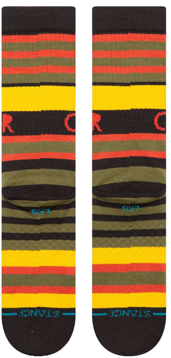 Stance Son of a Crew Sock - Crew socks with red, yellow, and green stripes on an olive-green background.