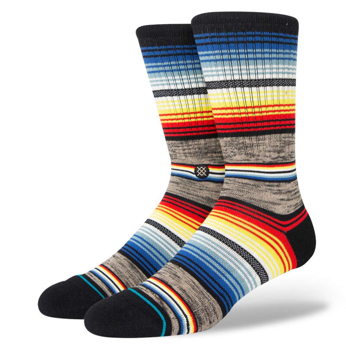 Stance SouthBound Crew Socks 2023 - A pair of crew socks with a multicolored striped pattern in shades of blue, red, yellow, white and black.