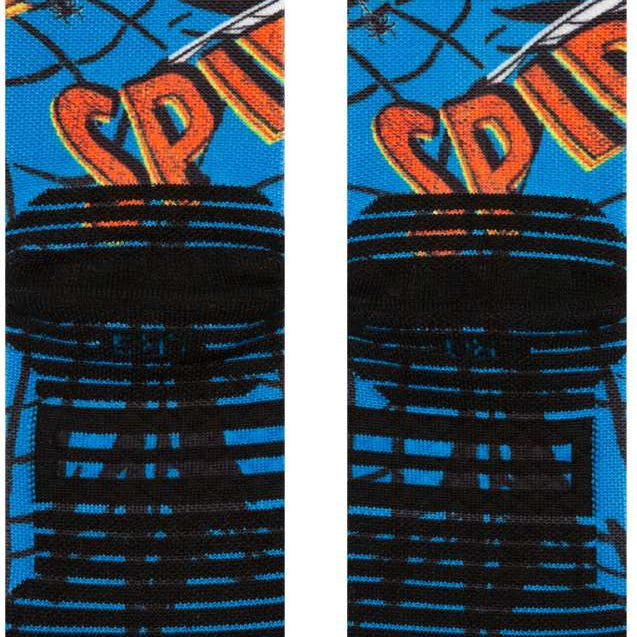 Stance Spiderman Mid Crew Sock 2024 - A pair of crew socks with a blue background and an image of Spider-Man in red and black.