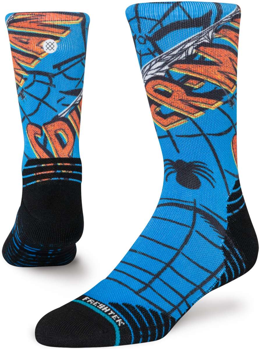 Stance Spiderman Mid Crew Sock 2024 - A pair of crew socks with a blue background and an image of Spider-Man in red and black.