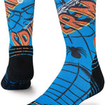 Stance Spiderman Mid Crew Sock 2024 - A pair of crew socks with a blue background and an image of Spider-Man in red and black.