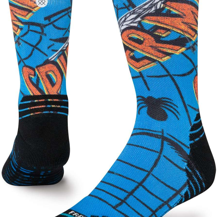 Stance Spiderman Mid Crew Sock 2024 - A pair of crew socks with a blue background and an image of Spider-Man in red and black.