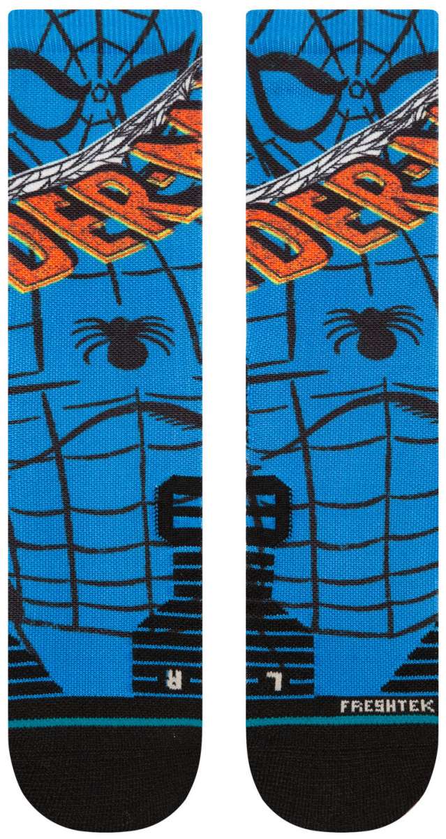 Stance Spiderman Mid Crew Sock 2024 - A pair of crew socks with a blue background and black spider web pattern, featuring an image of Spider-Man's face in the center.