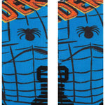 Stance Spiderman Mid Crew Sock 2024 - A pair of crew socks with a blue background and black spider web pattern, featuring an image of Spider-Man's face in the center.