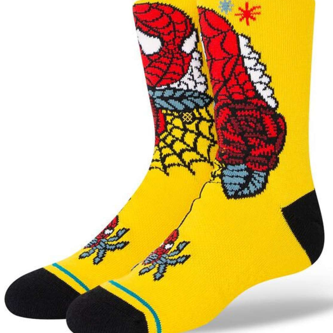 Stance Juniors Spidey Season Crew Socks - A pair of yellow crew socks with a large Spiderman graphic on the side and a small one at the toe.