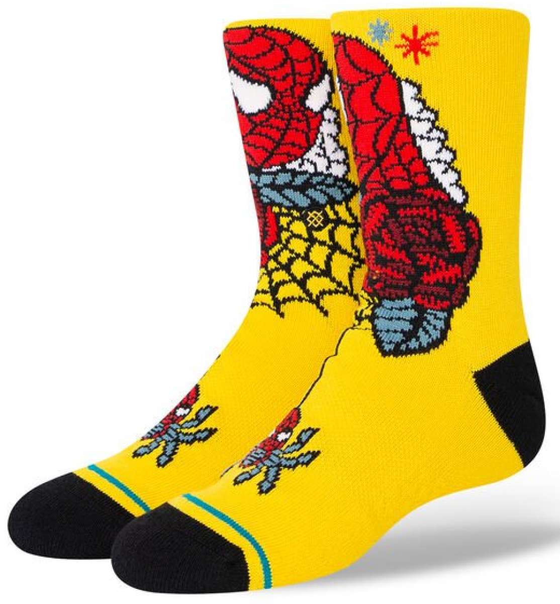 Stance Juniors Spidey Season Crew Socks - A pair of yellow crew socks with a large Spiderman graphic on the side and a small one at the toe.