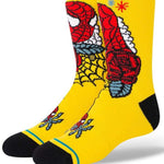 Stance Juniors Spidey Season Crew Socks - A pair of yellow crew socks with a large Spiderman graphic on the side and a small one at the toe.