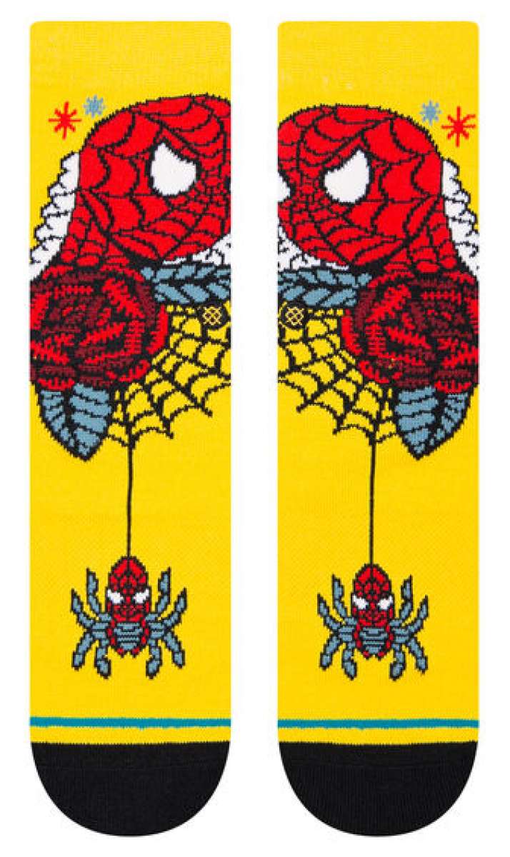 Stance Juniors Spidey Season Crew Socks 2023 - A pair of crew socks featuring a cartoon Spider-Man character in red and blue, with white spider logo on chest.