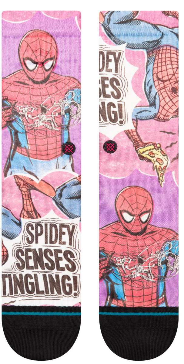 Stance Spidey Senses Crew Sock 2024 - Spiderman in red and blue costume with web design on chest.