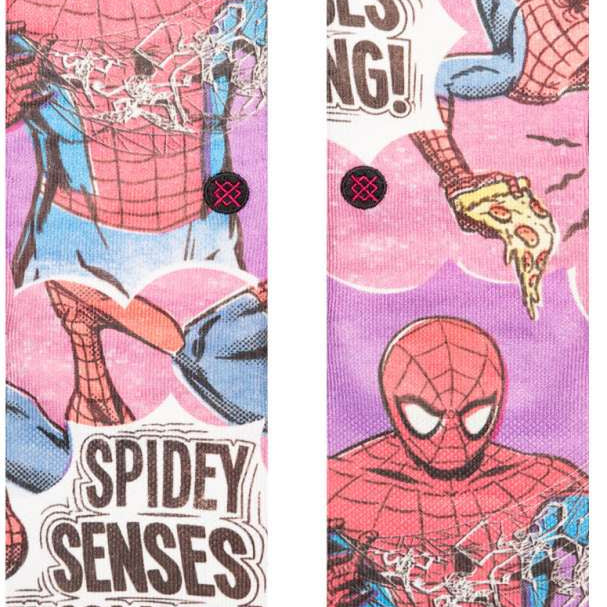 Stance Spidey Senses Crew Sock 2024 - Spiderman in red and blue costume with web design on chest.