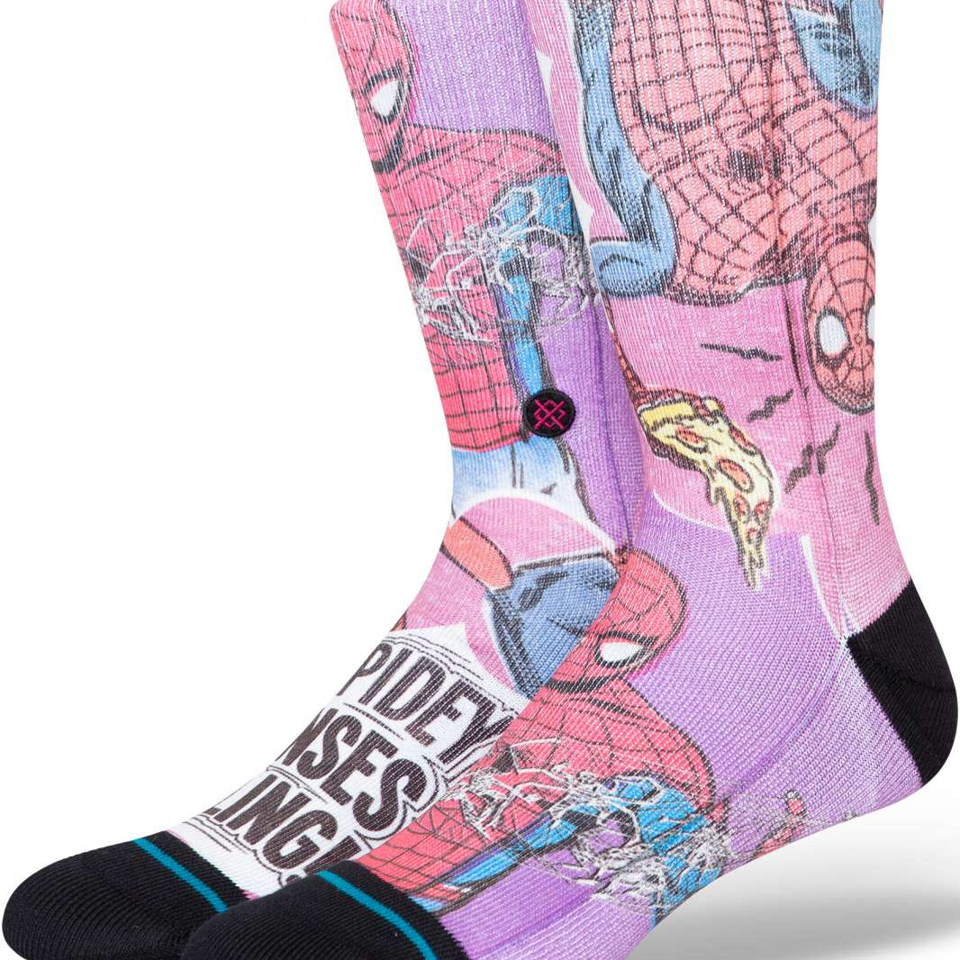 Stance Spidey Senses Crew Sock 2024 - A pair of crew socks with a pink and blue Spider-Man design on a purple background.