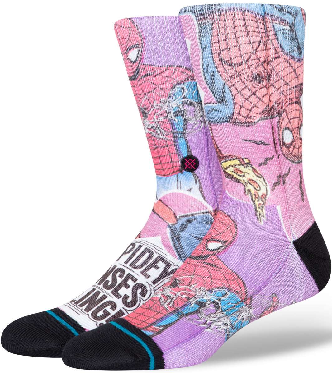 Stance Spidey Senses Crew Sock 2024 - A pair of crew socks with a pink and blue Spider-Man design on a purple background.