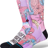 Stance Spidey Senses Crew Sock 2024 - A pair of crew socks with a pink and blue Spider-Man design on a purple background.