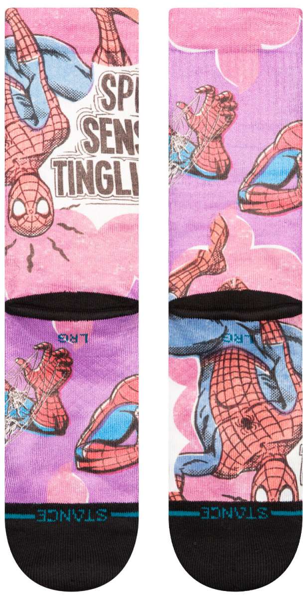 Stance Spidey Senses Crew Sock 2024 - Spiderman in red and blue suit with web pattern on purple background.