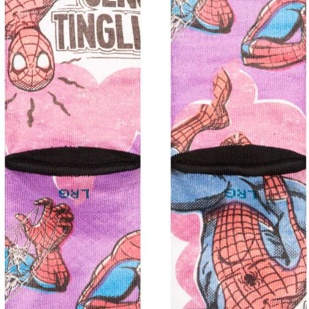 Stance Spidey Senses Crew Sock 2024 - Spiderman in red and blue suit with web pattern on purple background.