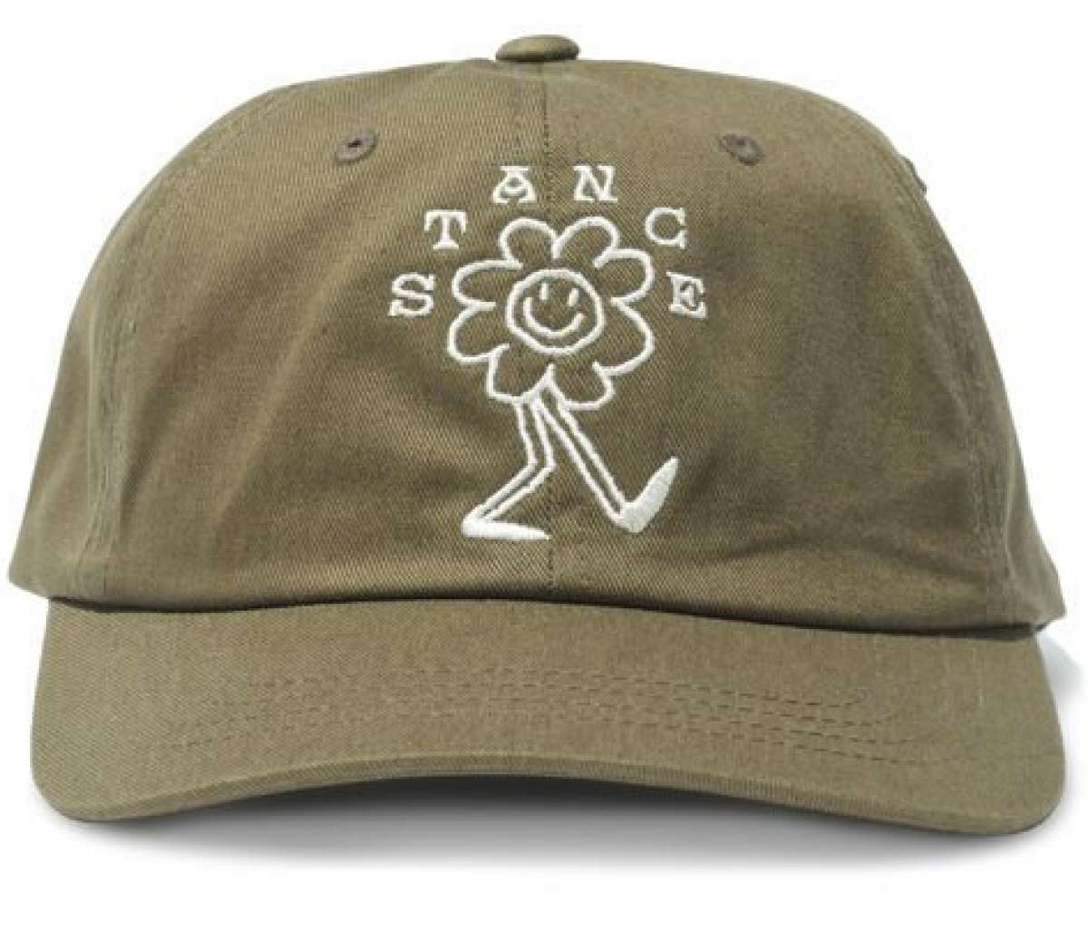 Stance Standard Adjustable Cap 2023 - A khaki green baseball cap with a white embroidered logo on the front featuring a stick figure in a t-shirt and shorts, smiling and holding up one hand.