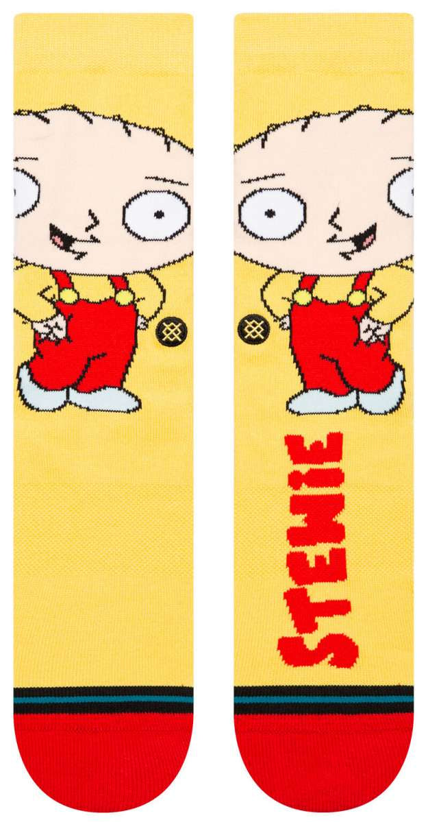Stance Stewie Crew Sock 2024 - A cartoon character with blonde hair and red overalls is printed on a yellow background.